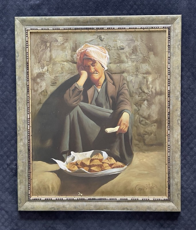 Vintage Kitzingen, Germany Sleeping Bread Salesman Canvas Oil Painting SIGNED