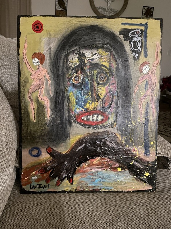 Louis Vuittonet Outsider Folk Art Original Oil on Cardboard Painting