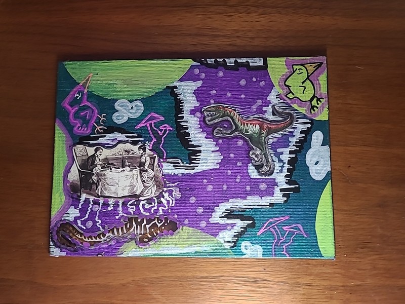 Original Painting Bad Dinner Trip Mushrooms Dinosaur Eat Food Eels Cartoon Birds gallery
