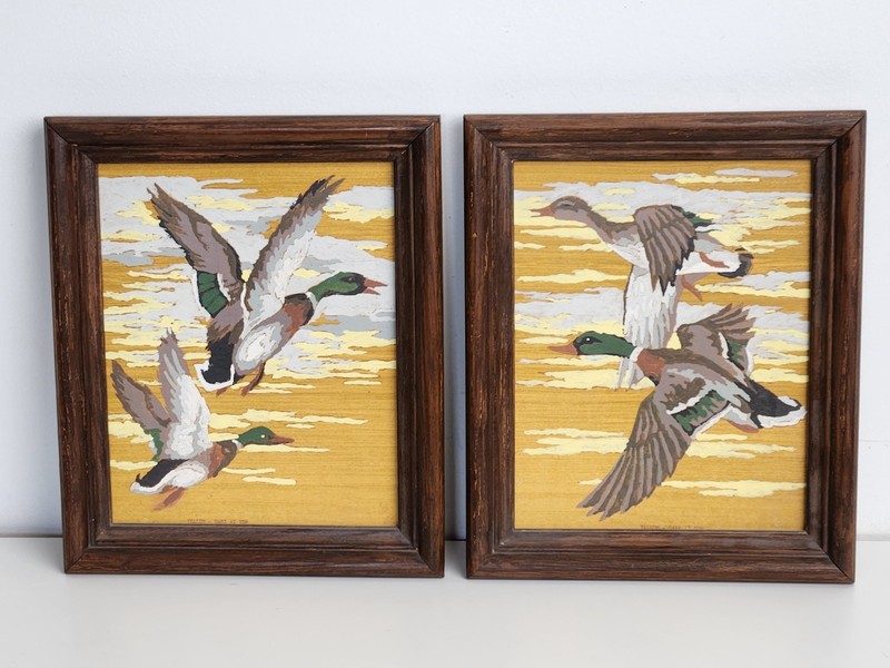 PBN Mallards Ducks In Flight Vtg Framed Art Painting MCM Rustic Cabin Farmhouse