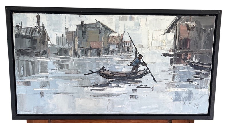 VTG Kee Fung NG Oil Painting Fisherman & River Scene Signed Chinese Artist