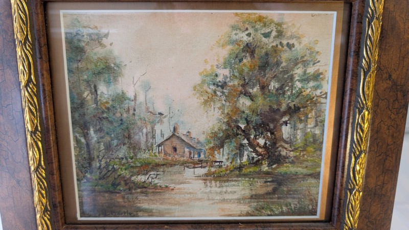 Original L Bartle Watercolor Painting Southern Cabin Bayou Swamp Landscape Frame
