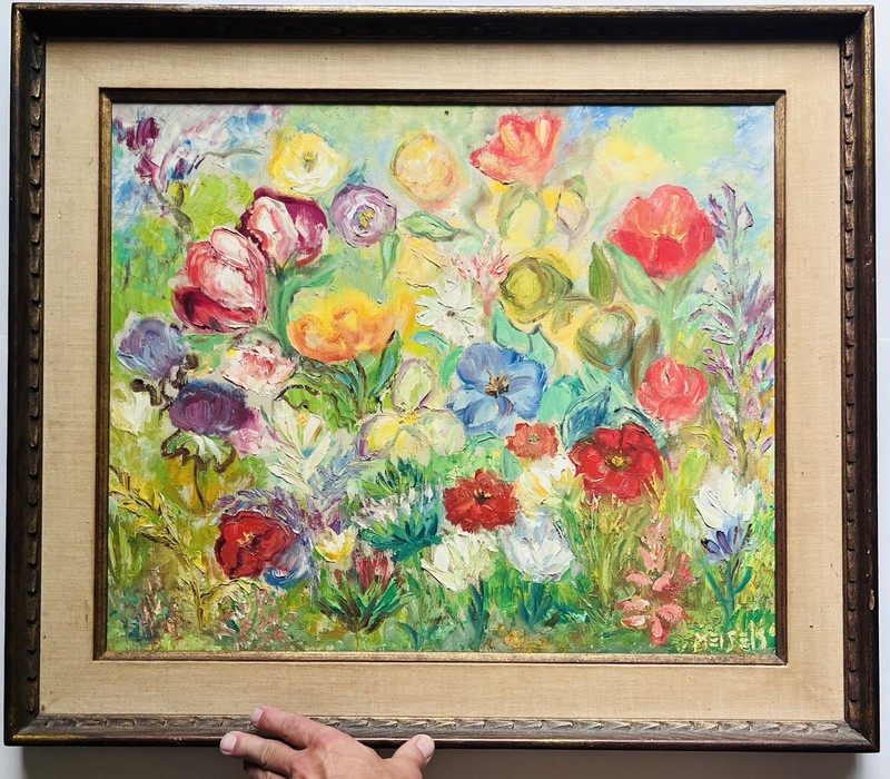 Mid Century Modern Original Floral Flower Garden Oil Painting Signed Meisels gallery