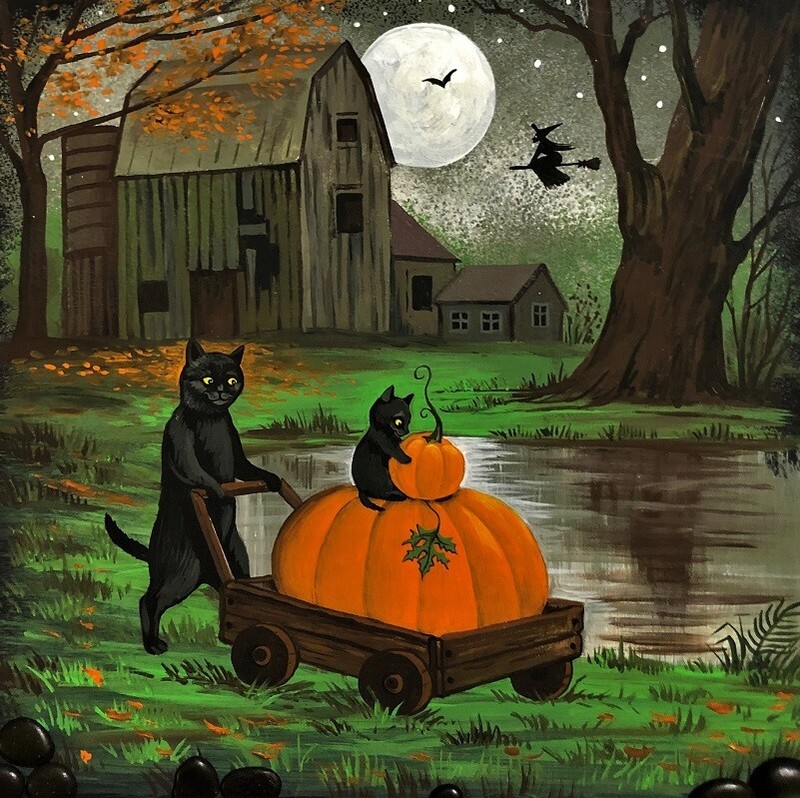 4X4 PRINT OF PAINTING HALLOWEEN RYTA BLACK CAT FARM BARN PUMPKIN FOLK ART JOL