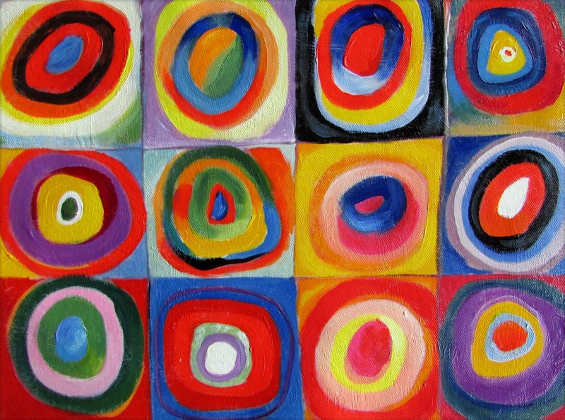 Kandinsky Squares w/ Concentric Circles Repro, Hand Painted Oil Painting 12x16in