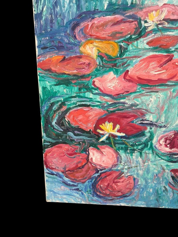 Vintage Impasto Impressionist Oil Painting Pink Water Lillies Signed 1987 24x28 gallery