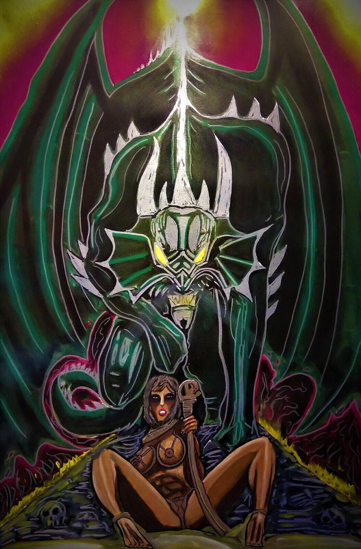 SEXY WALL ART Fantasy WOMAN & DRAGON Original Acrylic Painting Signed RTH