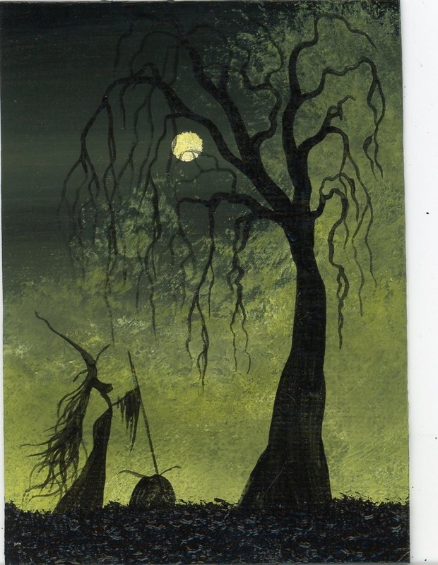 ACEO Original Acrylic Whimsical Witch Cauldron Forest Collectible Fantasy HYMES