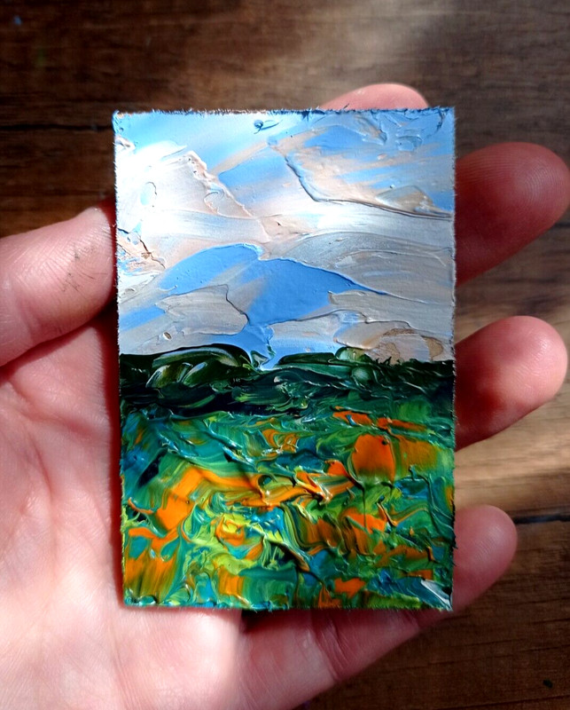 Field yellow flowers Original Artwork Landscape Oil Painting Sunset 3 x 2″