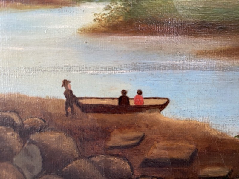 Original Vint. Painting Water Mountain Landscape Scene w/ Boat, Unsigned, Framed gallery
