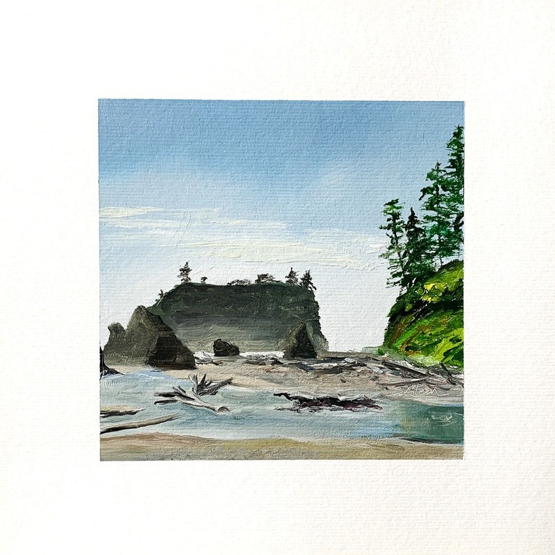 8×8 PNW Original Oil Painting Seascape Ruby Beach Landscape Sea Stack Art Signed
