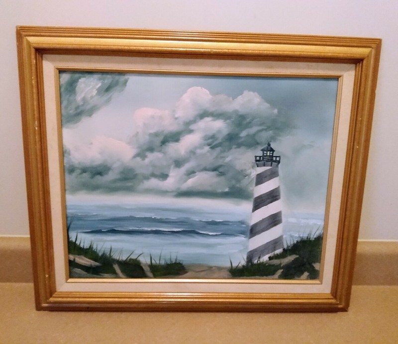 Signed E.H. Disk Oil painting framed Lighthouse 25L»X21W»