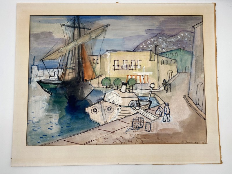 * STUDY DESIGN WATERCOLOUR HEINRICH HEUSER 1887-1967 PORT OF ISCHIAS CAPRI ITA gallery