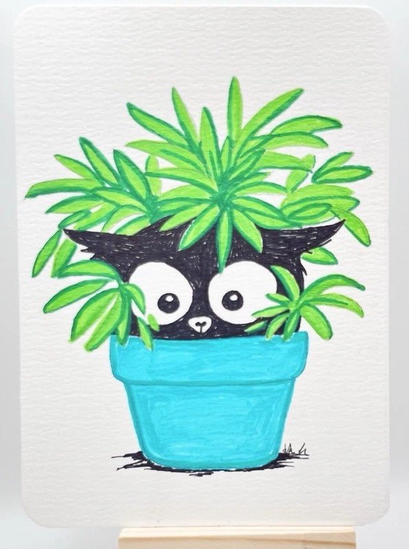 Blue Cat In Indoor Plant Pot 5x7in Cat Lover/Friend Gift Animal Wall Art Healy