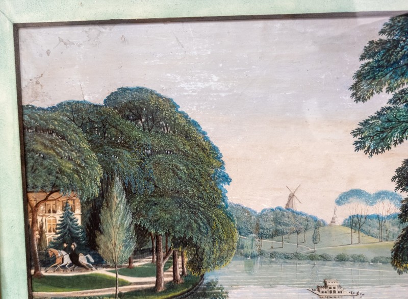 Antique Exceptional Victorian Gouache Landscape Painting Figures in a Park gallery