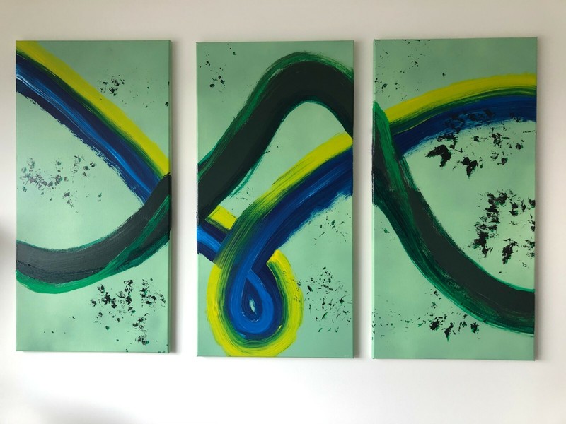 ACRYLIC, ENAMEL ON CANVAS - Triptych Original Painting - ABSTRACT WAVE gallery
