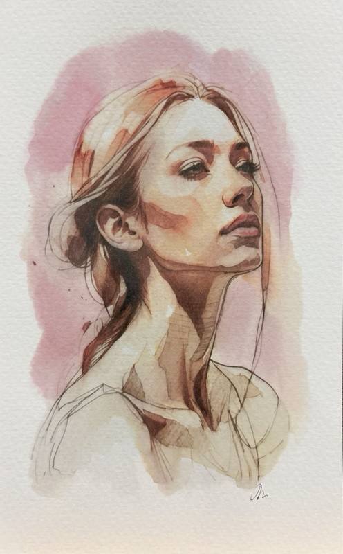 Original Watercolor Painting Female Portrait Book Page Size (5.5 × 8.5 inches)