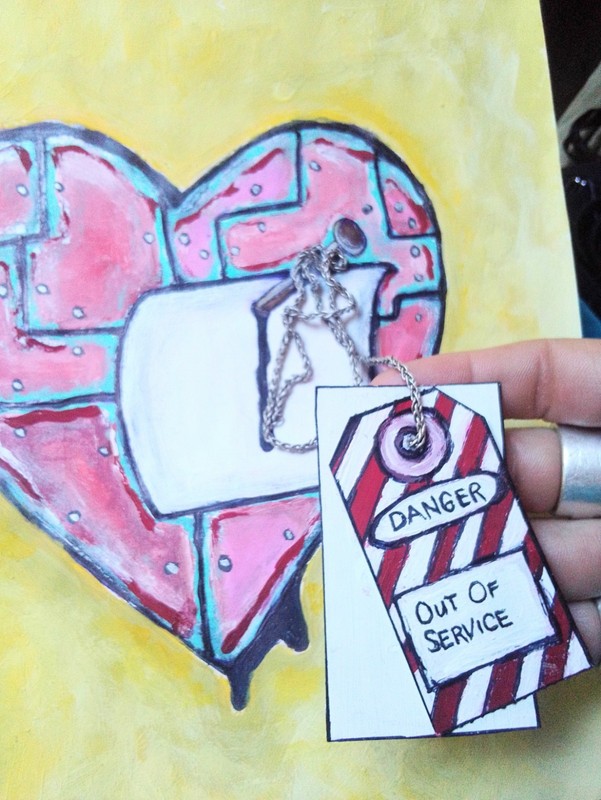Original Modern Pop Art Heart Painting on Canvas Acrylic, Chains, Warning Sign
