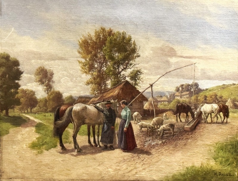 Hermann Reisz (Austrian), ANTQ Orig. Realism O/C "Begegnung vor dem Dorf" Signed gallery
