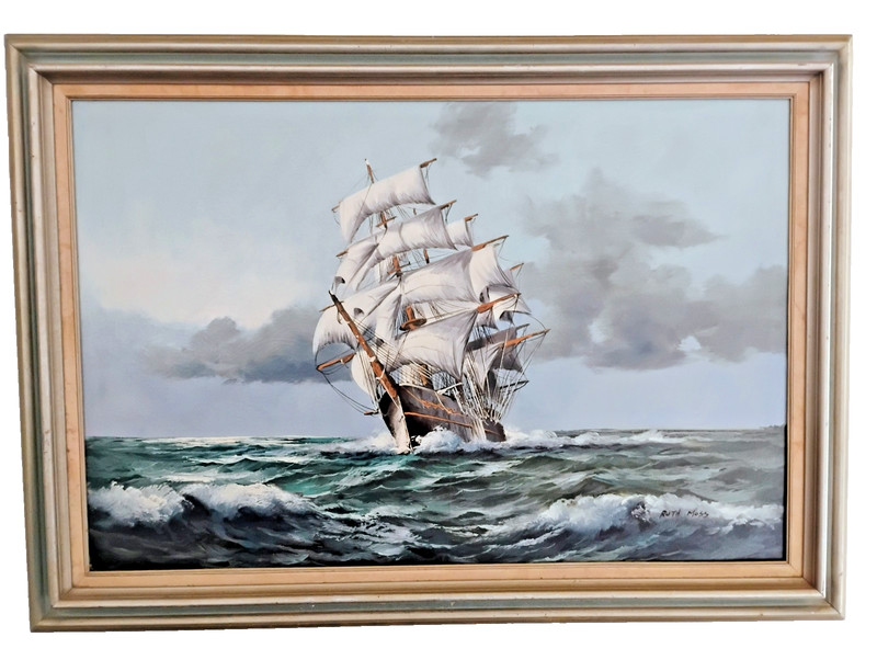 VTG Orig Tall Ship on Sea Waves Painting on Canvas Ruth Moss Signed Framed 42×30