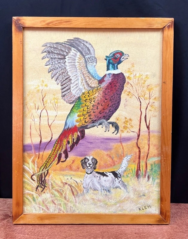 Vintage Pheasant and Hunting Dog Original Oil Painting Signed KELM on Wood
