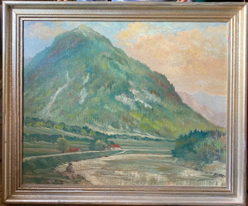 Oil painting monogr. of mountain landscape with houses, river, and angler