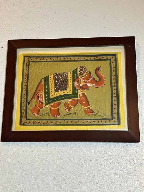 Vintage Indian Silk Painting Ornate Royal Elephant Framed Folk Art