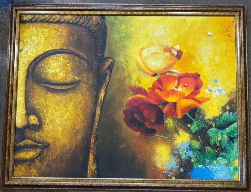 Monumental Signed Buddha Floral Oil Painting on Canvas Framed Large Zen Wall Art