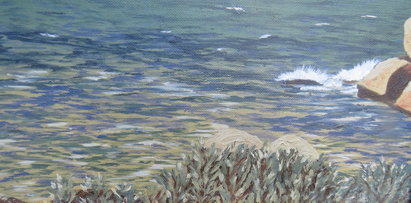 FRAMED OIL ON BOARD LAKESIDE OR COASTAL SCENE WITH MOUNTAINS PAINTING gallery