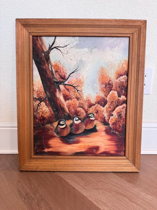 Original Vintage Oil Painting 3 Bobwhite Quail Game Birds Signed S. Pearce Frame