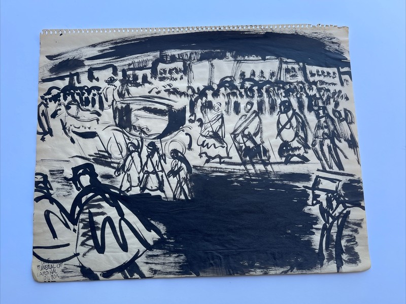 ANTIQUE PAINTING FRENCH PARIS 1929 FUNERAL OF CARDINAL DUBOIS LISTED JO CAIN gallery