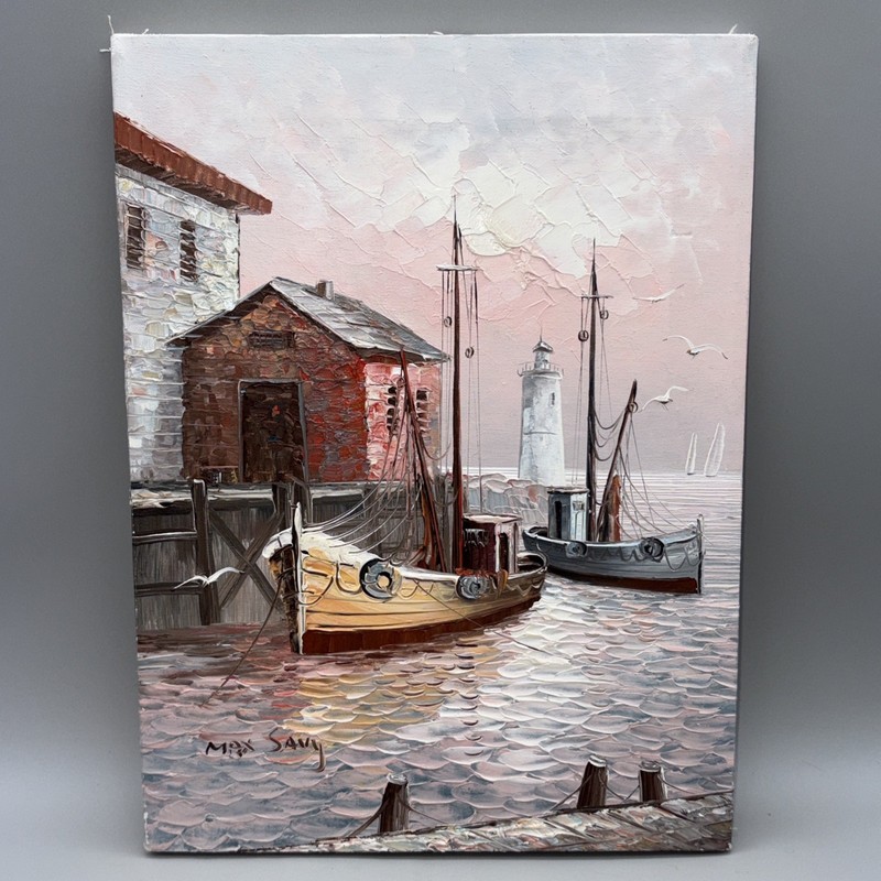 Max Savy Original Oil Painting Coast Harbor Scene Lighthouse Boats Impasto 16×12