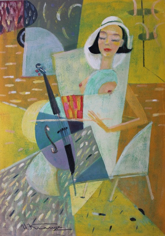 Uldis Krauze, Constructive cellist 2001., cardboard, oil, 64x45 cm