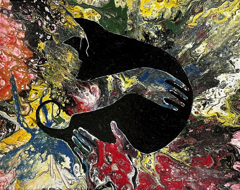 Dog Love acrylic painting with loving hands by Lois F Rivera, Artist 