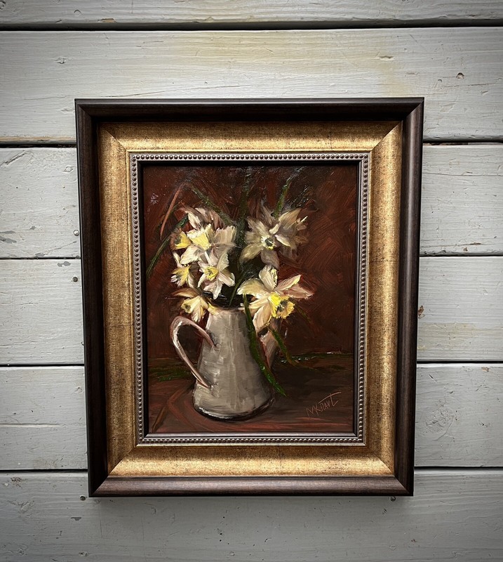 Original Oil Painting Canvas Still Life Vase Of Daffodil Floral Brown Gold Frame