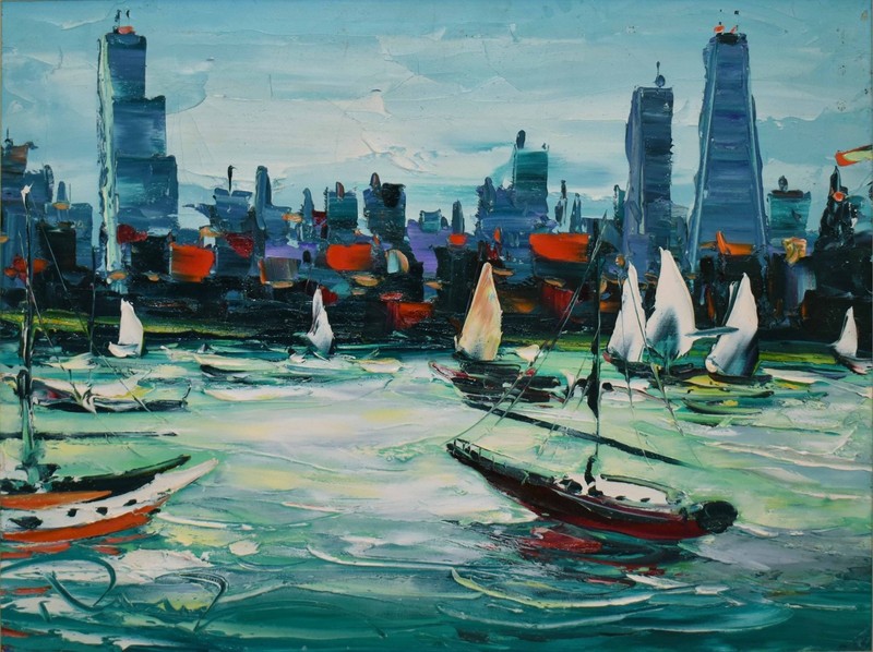 Manuel M. Ruiz Signed Impasto Oil-Chicago Skyline, Sailboats, Lake Michigan View