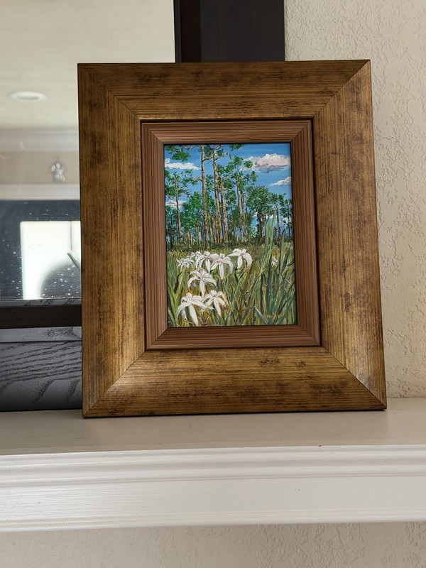 Framed Original Floral Landscape Painting Wood Frame White Iris Nature Art Decor gallery
