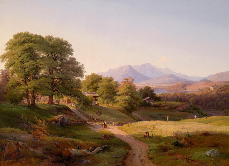 Beautiful Oil painting stunning spring landscape & cottage in the morning
