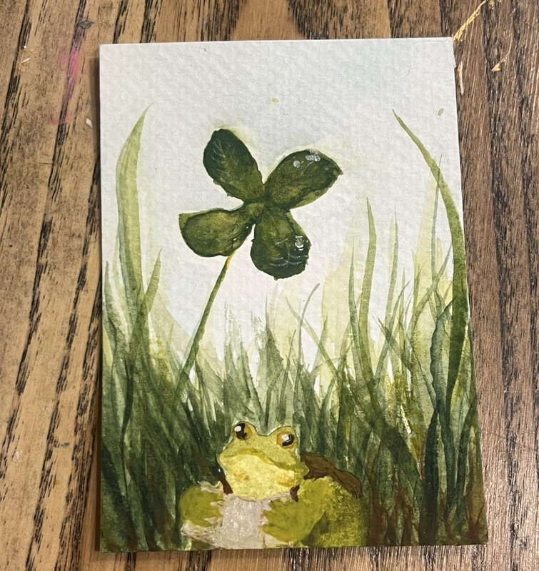 ACEO PRINT froggy’s adventure 1/2 lil frog clover Watercolor Painting 3.5×2.5