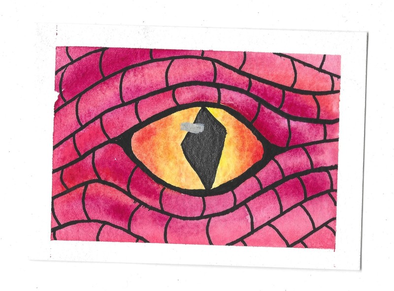 Dragon Eye – ACEO – Art – Watercolor – Ink – Wizard School House Color Red