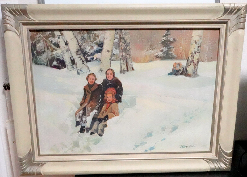 JOHN HEBER STANSFIELD ORIGINAL OIL ON BOARD PEOPLE IN SNOW LANDSCAPE PAINTING
