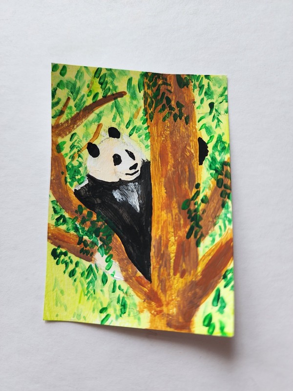 ACEO Original Acrylic Painting Abstract Panda Bear in Tree by Kiva