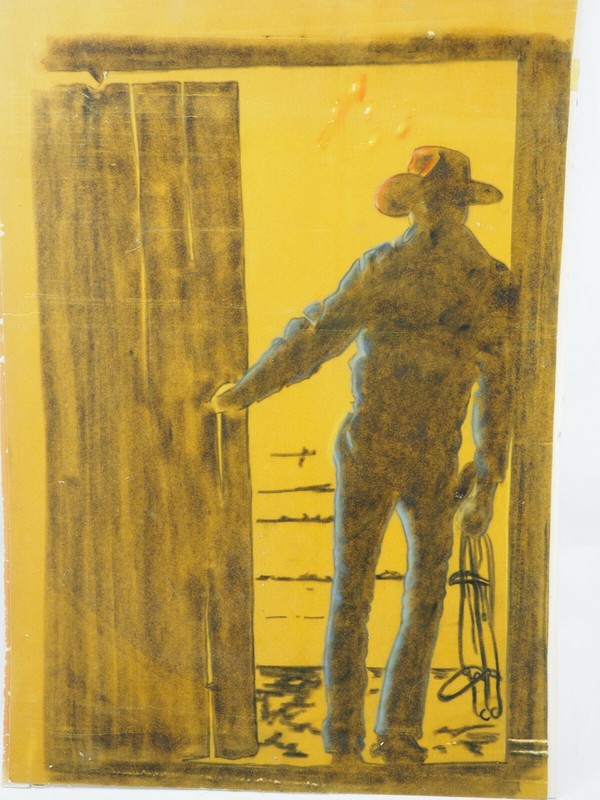 Vintage Cowboy at Sunset Pastel on Felt Painting 14″ x 20″