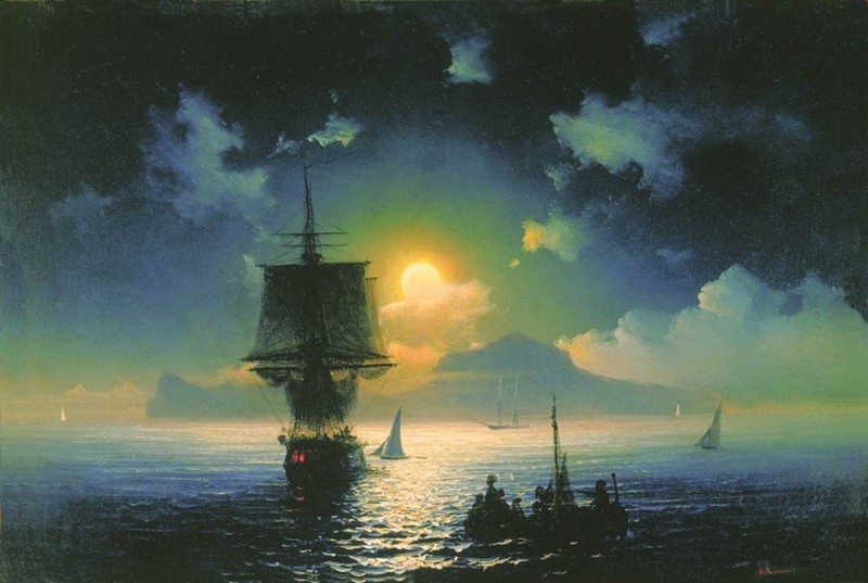 Hand painted Oil painting Ivan Aivazovsky Lunar night on Capri Seascape Canvas R