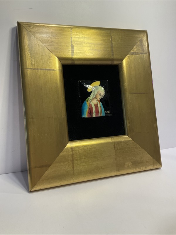 Vintage Signed Limoges Enamel on Copper Madonna Plaque Framed French Art gallery