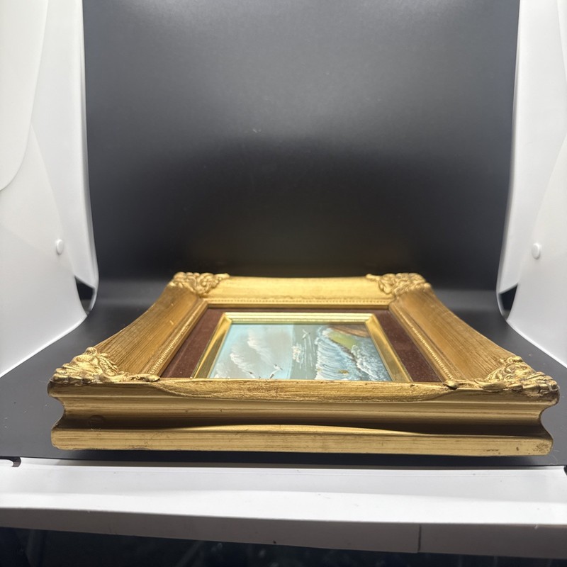 Vintage Small Original Oil Painting On Board Seascape Gold Frame 11” X 9” gallery