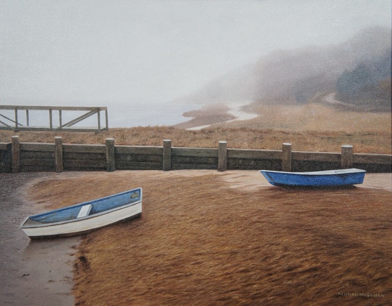 Michael McGovern Grounded Boats Beach Landscape Oil Painting on Canvas 24" gallery