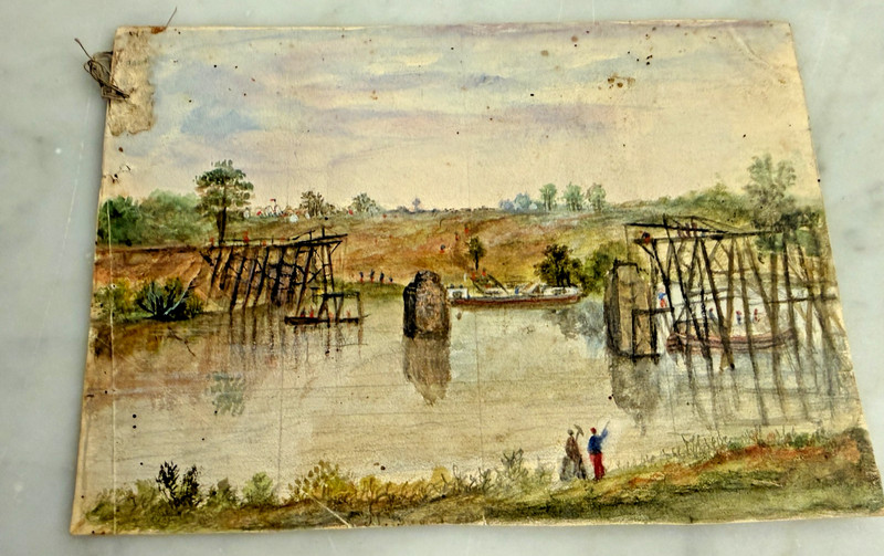 Antique Folk Art Watercolor Landscape River Scene Wooden Bridge 19th–Early 20th
