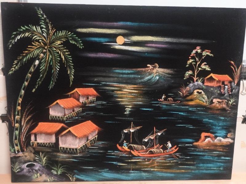 VIETNAMESE FISHERMAN VILLAGE ORIGINAL ACRYLIC ON BLACK VELVET PAINTING UNSIGNED