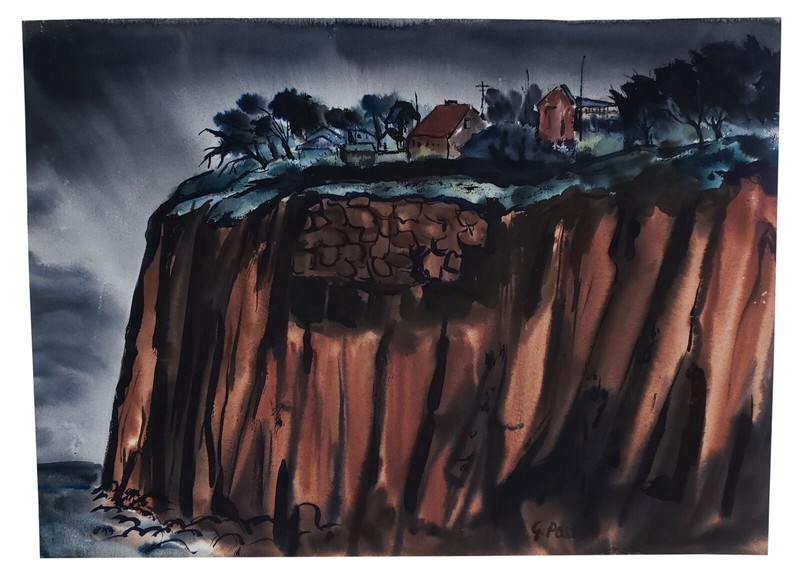 MOD VINTAGE GEORGE POST CALIFORNIA CLIFFS COASTAL LANDSCAPE WATERCOLOR PAINTING